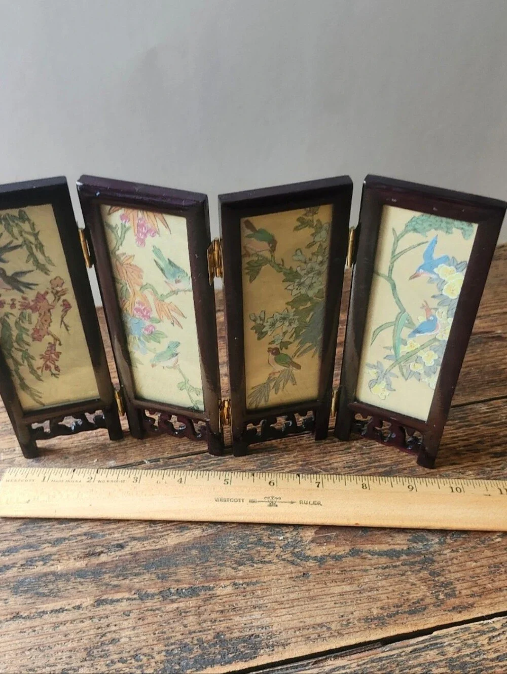 Decorative Four-Panel Mini Folding Screen - Brown with Floral & Bird Panels